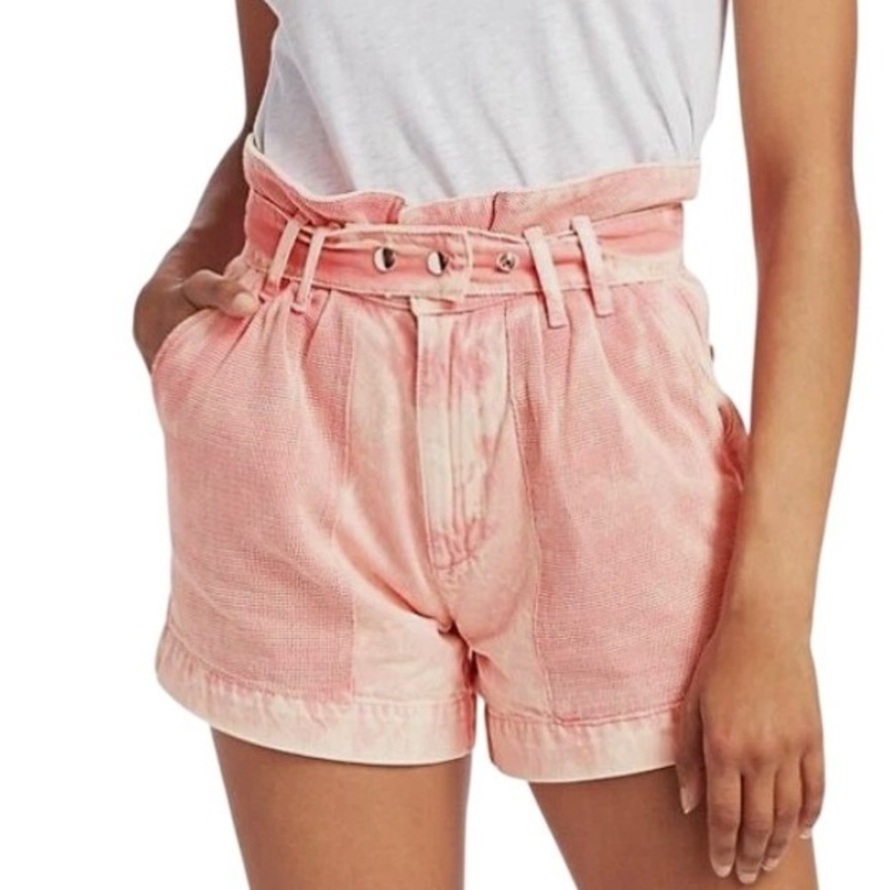 Free People Pink Tie Dye Mesh Pocket Paperbag Waist Denim Shorts SZ 24 OB957358